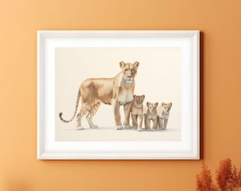 Löwin und Babys Aquarell Poster Druck | Wildtiere Kunst mit minimalistischer Eleganz | Von der Natur inspiriertes Wohndekor | Mutterschaft und Jungtier-Familie