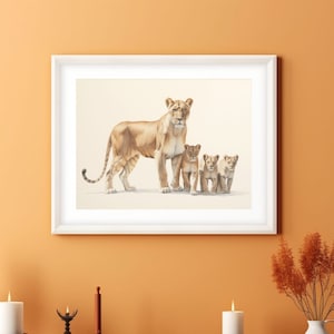 Lioness and Cubs Watercolor Poster Print | Wildlife Art with Minimalistic Elegance | Nature-Inspired Home Decor | Motherhood and Cub Family