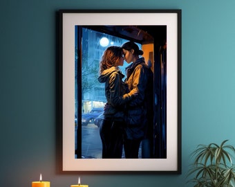 Gemälde von zwei jungen Frauen, die sich unter einem Dach küssen wollen. Regen auf der Straße. Romantik. LGBT. Lesbisch. Sapphisch. Moderner Impressionismus.