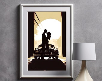 Romantische Silhouette Kuss Poster | Oldtimer, Vollmond Liebe und Leidenschaft Kunst | Minimalistische Romantische Atmosphäre Nachthimmel Dekor Romantik