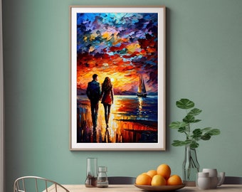 Sonnenuntergang Liebe Impressionen Leinwand | Moderne romantische Kunst mit lebendigen Farben | Paar gerade schöne Sonnenuntergang Szene | Romantisches Wohndekor