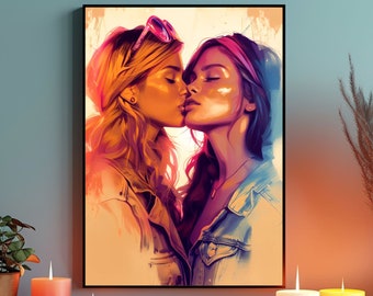 Heißer Sommerkuss - College Lovestory - Lesbische Pink - Brünett und Blond, Jeans und Sonnenbrille, LGBT Kunst, Sapphic Passion.