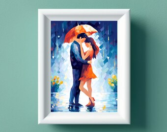 Junges asiatisches Paar umarmt sich unter Regenschirm Leinwanddruck | Romantische Kunst in Blau & Orange | Regenschirm Love Decor für elegantes Wohnambiente