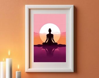 Schöne Frau Yoga am Strand bei Sonnenaufgang Poster Druck | Romantische Silhouette in Pink und Lila | Minimalistische Eleganz für ein ruhiges Wohndekor