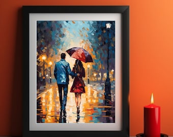 Rainy Day Love Kunstwerk | Paar Walking with Umbrella Leinwanddruck | Romantische Kunst in lebendigen Farben | Impressionismus für einzigartige Wohnkultur