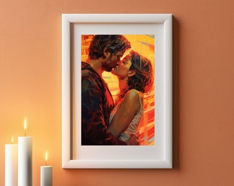 Leidenschaftliche Neon Romanze | Paar Küssen Leinwand Druck, romantische Kunst mit lebendigen Farben, Liebe und Leidenschaft Dekor, impressionistische Kuss Kunstwerk