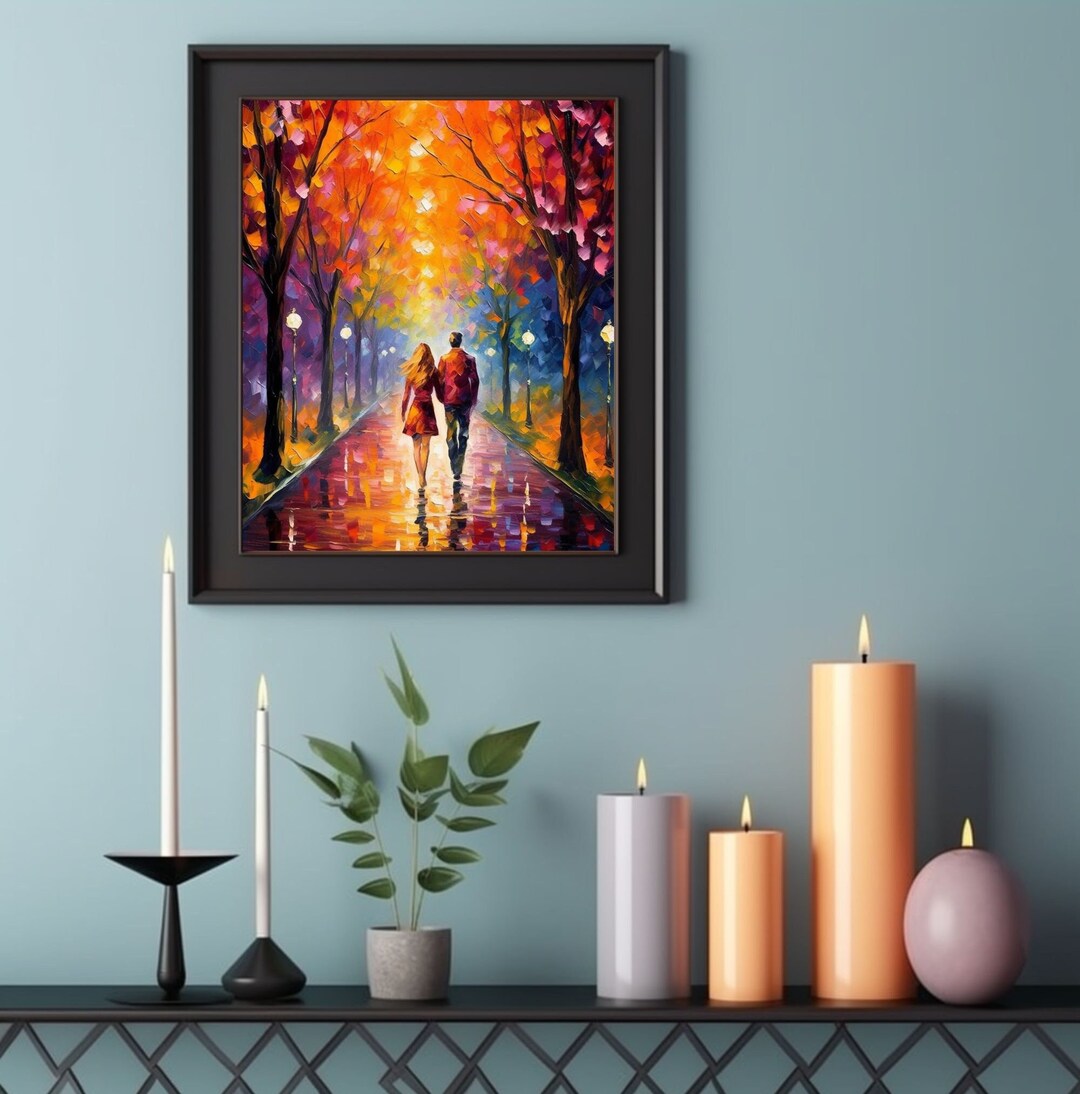 Painting of a Couple Walking in Central Park Underneath the Blooming ...