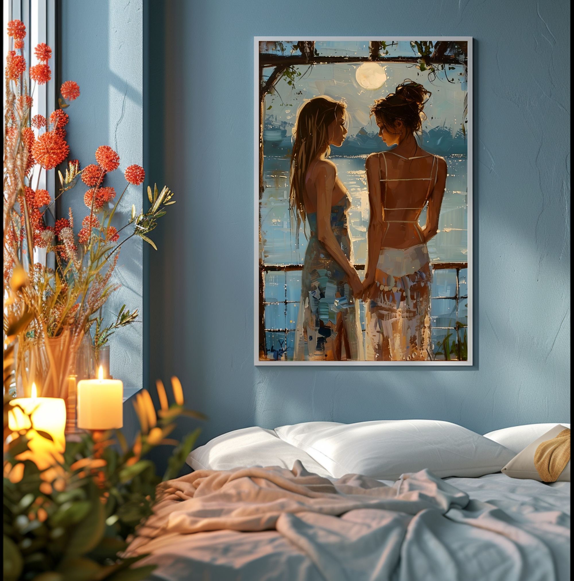 Lesbian Love Under Moonlight - 'lunar Reflections' Intimate Wall Art ...
