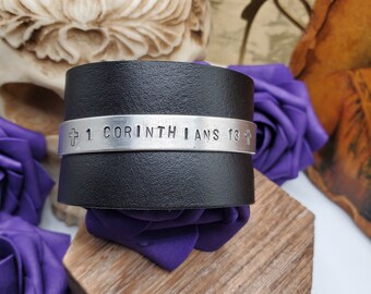 Handcrafted Stamped Metal Black Leather Cuff "Corinthians 13" Bible Scripture Bracelet