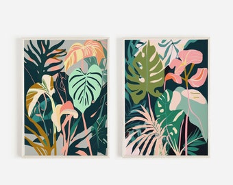 Monstera Blätter Druck Set, tropische Blätter Druck, botanischer Druck, grüne Palmenblatt Wandkunst, 2 Stück Dekor, Bananenblatt Druck, Schlafzimmer Dekor