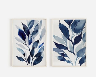 Indigo Blue Botanical, Set of 2, Botanical Plant Watercolor Wall Art Set, Navy Blue branches and leaves, Botany art print, Indigo blue decor