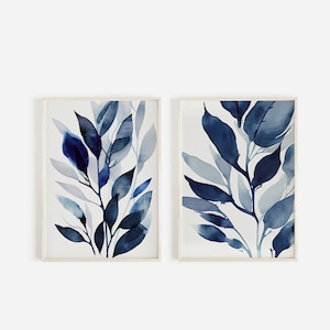 Indigo Blue Botanical, Set of 2, Botanical Plant Watercolor Wall Art Set, Navy Blue branches and leaves, Botany art print, Indigo blue decor