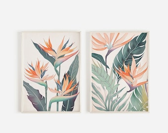 Tropisches Blatt Druck 2er Set, Tropisches Dekor, botanischer Druck, Tropische Blätter, Tropische Wand Kunst, Paradiesvogel, Mid Century Kunst