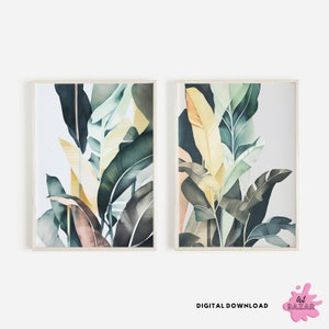 Tropical Abstract Leaves Print, Set of 2 Art Prints, Green Palm Leaf Wall Art, Tropical Plant Poster, Modern Art, Palm Banana Leaf Print