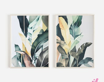 Tropical Abstract Leaves Print, Set of 2 Art Prints, Green Palm Leaf Wall Art, Tropical Plant Poster, Modern Art, Palm Banana Leaf Print