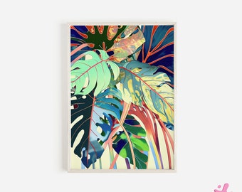Print tropische bladeren, kleurrijke kunst, aquarel groen palmblad muurkunst, poster monstera, tropische plant, moderne kunst, woondecoratie