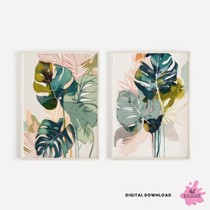Tropische Blätter Druck, 2er Set Kunstdrucke, Monstera Blatt Bananenblatt Druck, Monstera Poster, Tropische Pflanze, Abstrakte Tropische Blätter Kunst