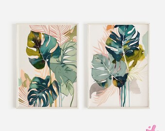 Tropical Leaves Print, Set of 2 Art Prints, Monstera Leaf Banana Leaf Print , Monstera Poster, Tropical Plant, Abstract Tropical Leaves Art