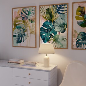 Tropical Leaves Print, Set of 3 Art Prints, Watercolour Green Palm Leaf ...