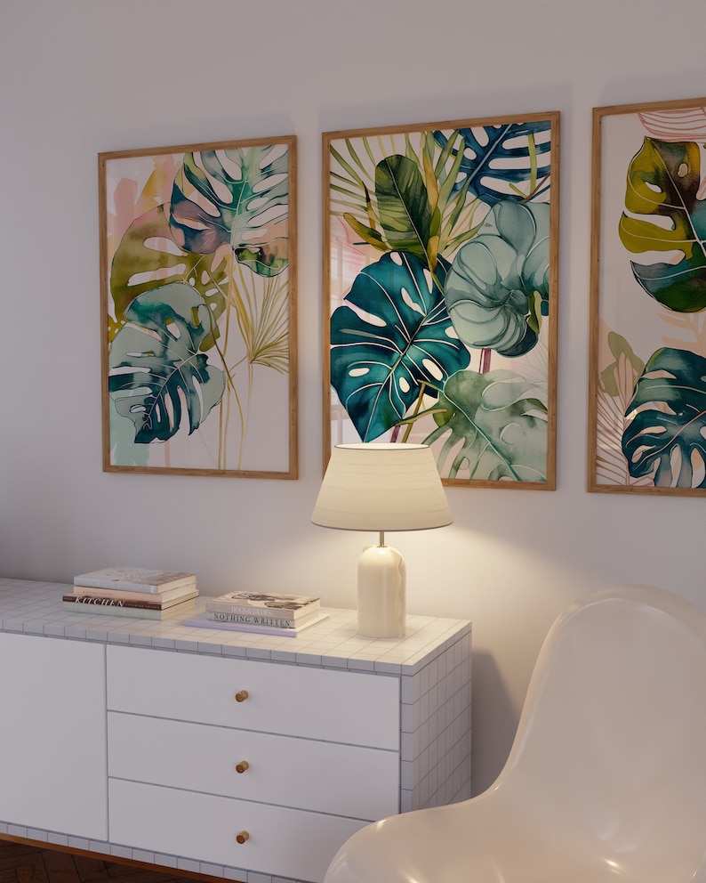 Tropical Leaves Print, Set of 3 Art Prints, Watercolour Green Palm Leaf ...