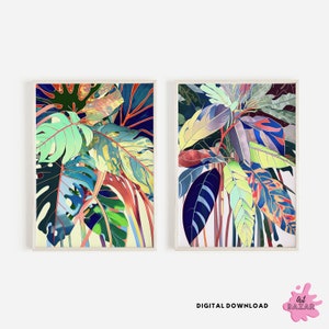 Bunte tropische druckbare Kunst 2er Set, moderne tropische Blätter Galerie Wandkunst, helle botanische botanische, Wohnzimmer Wandkunst