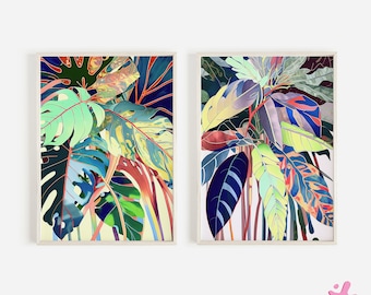 Colorful Tropical Printable Art set of 2, Modern Tropical Leaves Gallery Wall Art, Bright Botanical Botanical, Living Room Wall Art