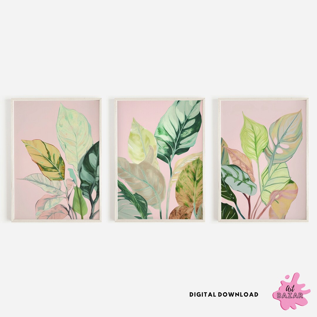 Tropical Leaves Print, Set of 3 Art Prints, Watercolour Green Palm Leaf ...