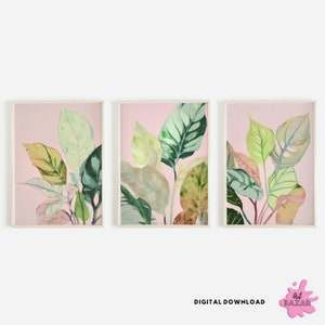 Tropical Leaves Print, Set of 3 Art Prints, Watercolour Green Palm Leaf Wall Art, Monstera Poster, Tropical Plant, Modern Art, Home Decor