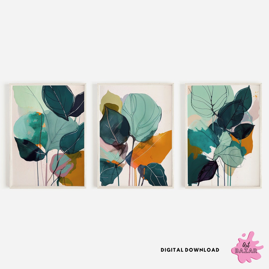 Abstract Tropical Wall Décor, Set of 3 Green Prints, Abstract Leaf ...