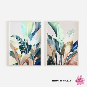 Colorful Tropical Printable Art set of 2, Watercolour Modern Palm Leaves Gallery Wall Art Prints, Bright Botanical  Monstera Wall Art Set