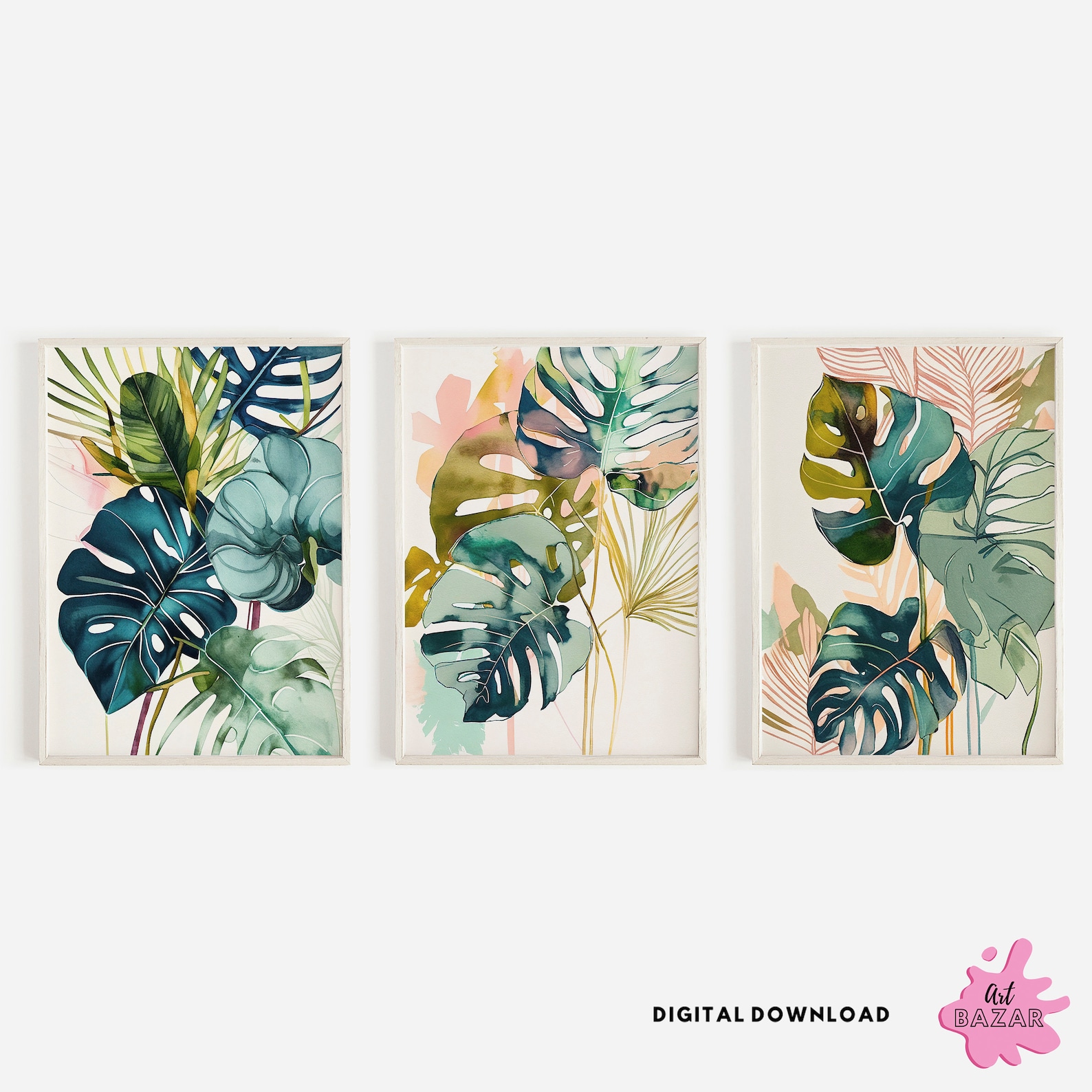 Tropical Leaves Print, Set of 3 Art Prints, Watercolour Green Palm Leaf ...