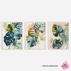 Tropische Blätter Print, 3er Set Kunstdrucke, Aquarell grüne Palmenblätter Wandkunst, Monstera Poster, tropische Pflanze, moderne Kunst, Wohnkultur