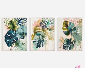 Tropical Leaves Print, Set of 3 Art Prints, Watercolour Green Palm Leaf Wall Art, Monstera Poster, Tropical Plant, Modern Art, Home Decor