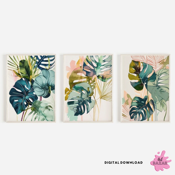 Tropical Leaves Print, Set of 3 Art Prints, Watercolour Green Palm Leaf Wall Art, Monstera Poster, Tropical Plant, Modern Art, Home Decor