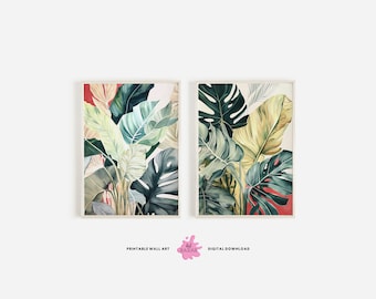 Tropical Leaf Print Set of 2, Monstera Leaf, Banana Leaf, Print Tropical Decor, Botanical Print, Tropical Leaves, Tropical Wall Art Prints
