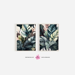 Tropical Wall Art, Set of 2 Art Prints, Printable Leaf Art, Monstera Art, Palm Leaf Wall Art, Tropical Plant, Modern Art, Botanical Abstract