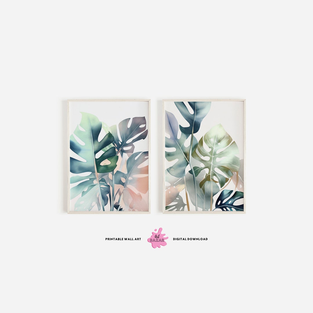 Tropical Monstera Leaves Print, Set of 2 Art Prints, Watercolour Green ...