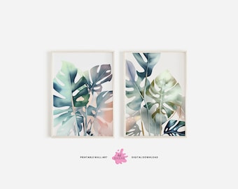 Impresión de hojas de Monstera tropical, conjunto de 2 impresiones de arte, arte de pared de hoja de palma verde acuarela, cartel de Monstera, planta tropical, arte moderno