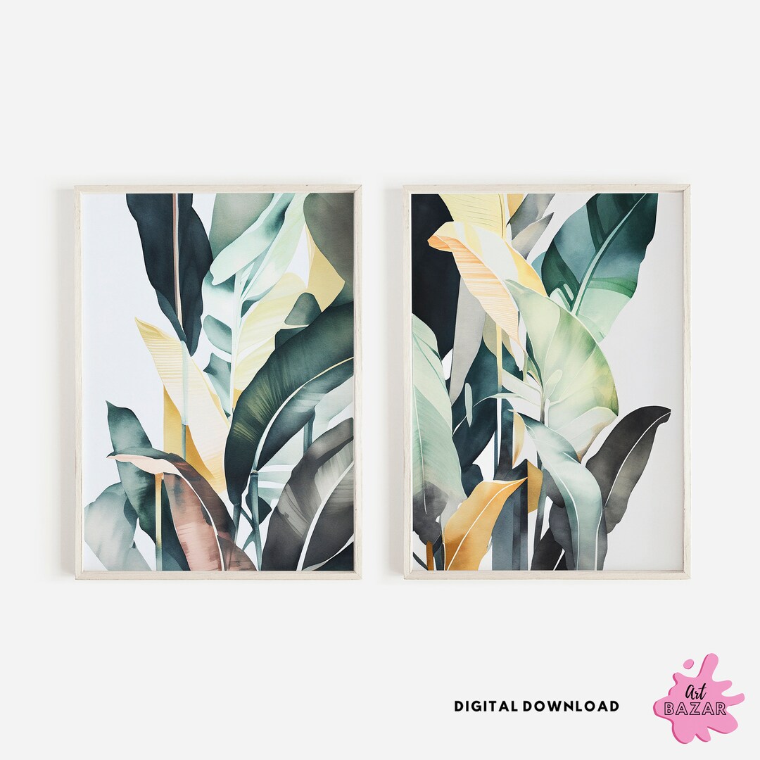 Modern Tropical Leaves Print, Set of 3 Art Prints, Watercolour Green ...