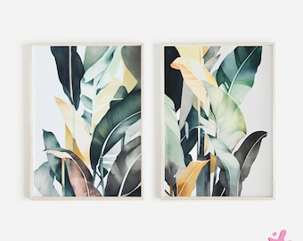 Modern Tropical Leaves Print, Set of 3 Art Prints, Watercolour Green Palm Banana Leaf Wall Art, Monstera Poster, Tropical Plant, Home Decor