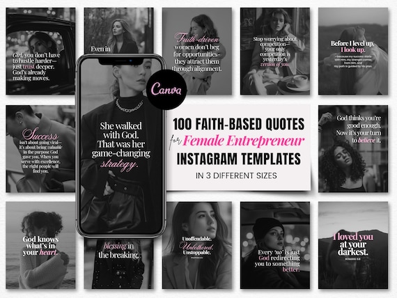 100 Faith-Based Christian Quotes Instagram Posts + Stories | Canva Editable | Boss Babe Quotes | Female Entrepreneurs | Bible Verse Reels