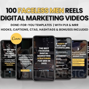 Könnte beinhalten: Eine Sammlung von acht digitalen Marketing-Videovorlagen mit Männern ohne Gesicht. Die Vorlagen sind für die Verwendung auf Social-Media-Plattformen wie Instagram und TikTok konzipiert. Die Vorlagen enthalten Textüberlagerungen mit Sätzen wie "Die besten gesichtslosen digitalen Marketingstrategien für Männer im Jahr 2025" und "6 Gewohnheiten reicher und erfolgreicher Männer".