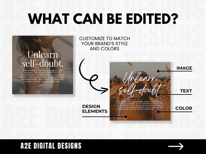 May include: The image showcases a design concept with the text "WHAT CAN BE EDITED?" and "Unlearn self-doubt." It highlights customizable elements: image, text, and color, with a design element arrow. The bottom text reads "A2E DIGITAL DESIGNS."