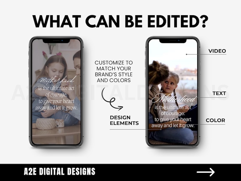 May include: A digital design template for a social media post featuring a photo of a mother and daughter with the text "Motherhood is the ultimate act of courage: to give your heart away and let it grow."