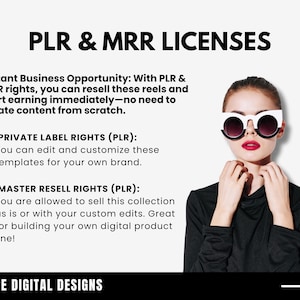 May include: A white background with black text describing private label rights (PLR) and master resell rights (PLR) for digital products. The text states that you can edit and customise templates for your own brand and sell the collection as is or with custom edits. The text also includes the phrase "A2E Digital Designs".