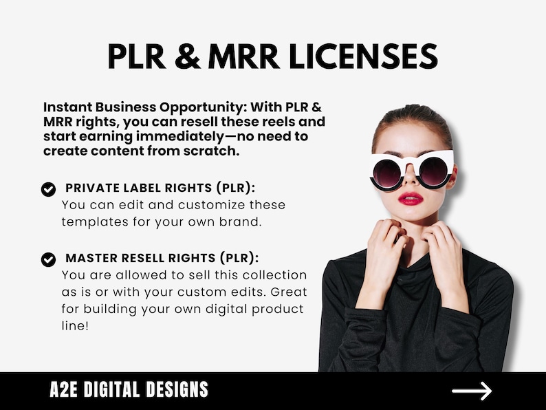 May include: A white background with black text describing private label rights (PLR) and master resell rights (PLR) for digital products. The text states that you can edit and customise templates for your own brand and sell the collection as is or with custom edits. The text also includes the phrase "A2E Digital Designs".