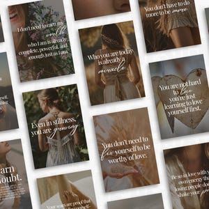 May include: A collection of inspirational quote cards with soft, neutral tones. Each card features a different quote about self-love, growth, and inner peace, with elegant typography and imagery of women and nature. The cards are designed to uplift and encourage.