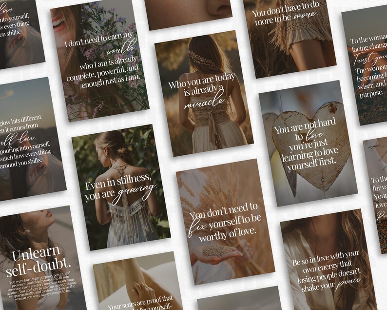 May include: A collection of inspirational quote cards with soft, neutral tones. Each card features a different quote about self-love, growth, and inner peace, with elegant typography and imagery of women and nature. The cards are designed to uplift and encourage.