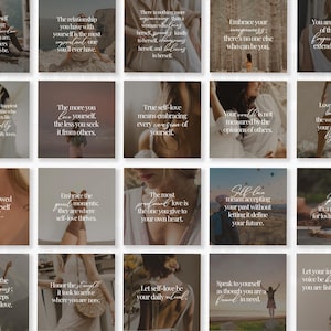 May include: A grid of square images with inspirational quotes about self-love. The images feature soft, neutral tones and elegant typography. The quotes encourage self-acceptance and kindness.