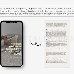 May include: A smartphone screen displaying a graphic with the text "Why digital products are recession-proof and still booming in 2025." The graphic is set against a background of a person's hands holding a book. The text "READ CAPTION" is at the bottom of the screen.